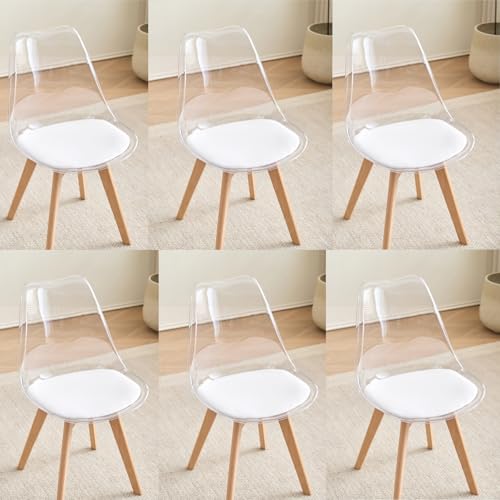 GrandCA HOME Transparente Sillas de Comedor Tapizadas en Tela,Nordicas Sillas Pack 6 para Cocina Comedor Dormitorio (Blanco/Cuero)