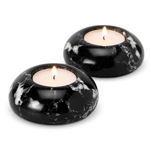 Image of Set of 2 Black Marble Dome Tea Light Candle Holders – Hand-Carved Polished Himalayan Marble – Tea Lights Included