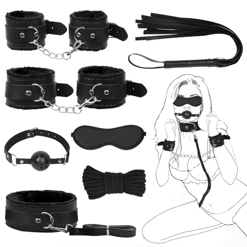 Lneibid 7PCS BDSM Restraints Set with Adjustable Sex Wrist & Ankle Cuffs, Collar, Bondage Rope Ball Gag Blindfold and Sex Whip, Bedroom Sex Toy for Women & Couples (Black-7PCS)