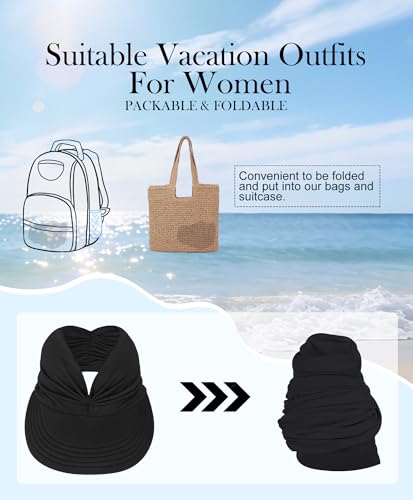 Zando Black Sun Visor Hats for Women - Beach Wide Brim Fashion Hat With Ponytail UV Protection Quick Dry Lightweight Open Top Summer Cap for Travel Vacation Golf Tennis Casual One Size