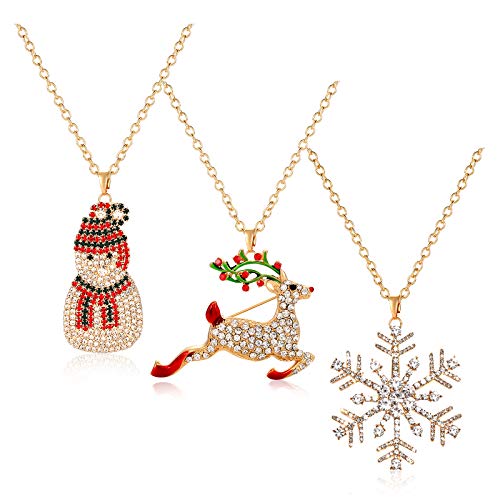 Bsjell Long Christmas Necklace Pave Rhinestone Reindeer Snowflake Snowman Pendant Necklace Xmas Santa Holiday Festive Necklace Jewelry 3 Pack #TOP12