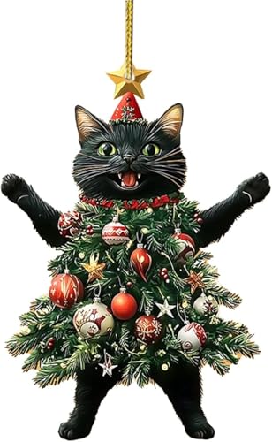 Enfeite de Natal para gatos 2024, enfeite de gato com vestido de árvores de Natal, enfeites de pendurar em acrílico, presentes engraçados de gato para amantes de gatos (preto)