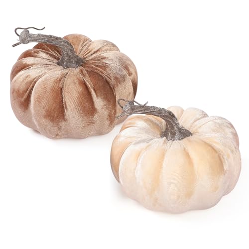 Lcuasc 2pcs Velvet Fake Pumpkins Fall Harvest Fabric Foam Pumpkin Thanksgiving Halloween Decor for Table Centerpiece Wedding Farmhouse (2 Beige Coffee M)