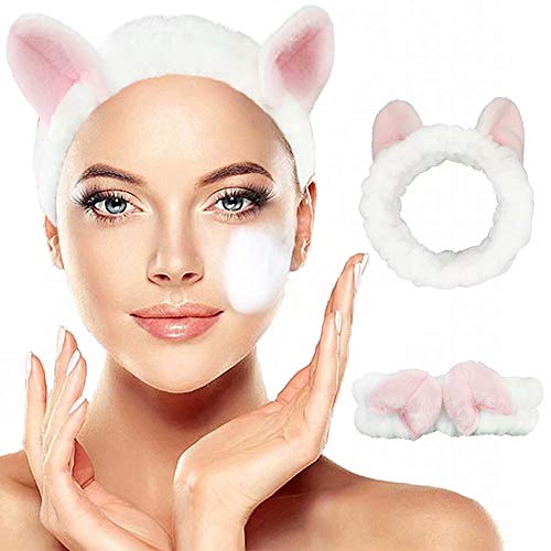 Headband for Women Cat Ear Hair Band White Elastic Soft for Face Washing Makeup Shower Spa Facial