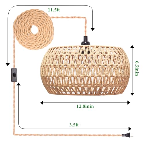 Plug in Pendant Light Rattan Hanging Lamp Pendant Light with on/Off Switch Rattan Woven Shade Hanging Lamp Plug in for Living Room Bedroom Farmhouse - Image 4