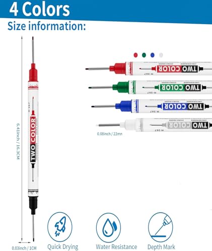 Image of INOCEAN 4PCS Long Nib Marker Pen, Marker Pen Permanent, Deep Hole Marker for Wood, 20mm Double Tip Dual Color Set of Four, Black White Red Blue Green, All Weather Marking Tool for Construction DIY