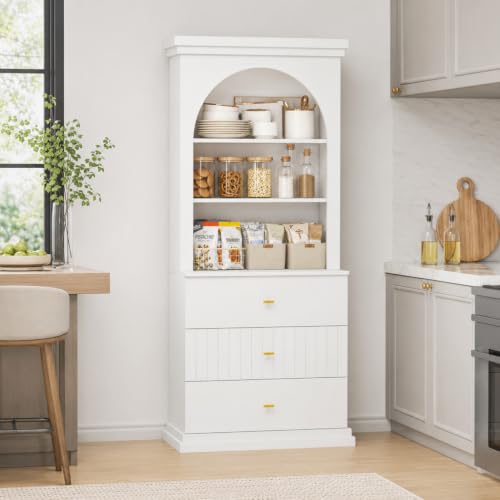 Image of ivaniti 71 inch Arched Kitchen Pantry Cabinet with 3 Drawers, White Freestanding Storage Hutch with Open Shelves and Gold Handles for Kitchen, Dining Room