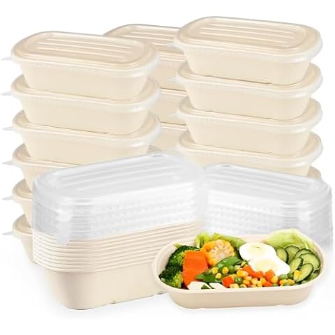 Cheardia 50 Pack Take Out Food Containers with PP Lid, 23 oz Disposable Cardboard Meal Prep Containers Bagasse Paper Bowls Soup Serving Bowls for Salad, Leftovers Cover