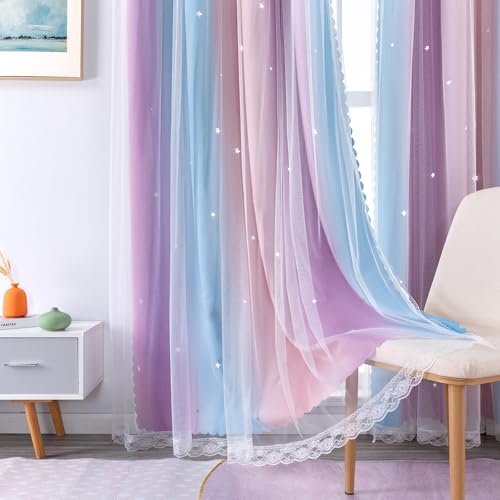 Best Baisite Gardinen Kinderzimmer 2er Set Verdunklungsvorhänge Doppellagige Vorhänge mit Hohlen Sternen Kinder Mädchen Baby Ösenschal Ösenvorhange Dekoration.D/PinkBluePurp132/175