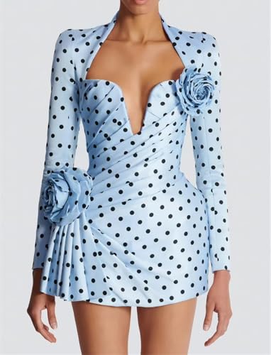 Women Polka Dot Print Spliced Appliques Dresses V Neck Long Sleeve High Waist Bodycon Dress4