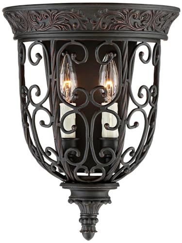 Image of Franklin Iron Works French Scroll Farmhouse Rustic Wall Light Sconces Set of 2 Rubbed Bronze Brown Metal Hardwired 10 1 /2 inch Fixture for Bedroom Bathroom Vanity Living Room Home Hallway Dining House