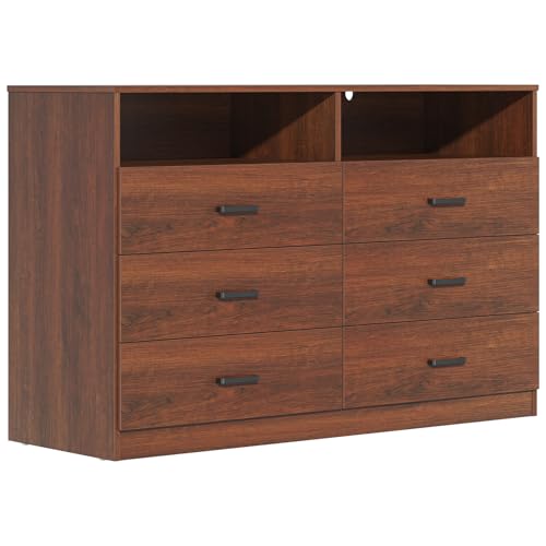 Bigbiglife 6 Drawers Dresser for Bedroom Wooden Drawer with Open Storage Cubby, Double Wide Dresser Organizer for Bedroom, Living Room, Entryway, Hallway (Walnut Brown)