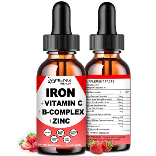 Liquid Iron Supplement w/Vitamin C, A, B-Complex, Vegan Iron Drops High Potency Liquid Vitamin & Iron Supplements for Women, Men & Children -Support Red Blood Cell, Energy, Anemia & Fatigue