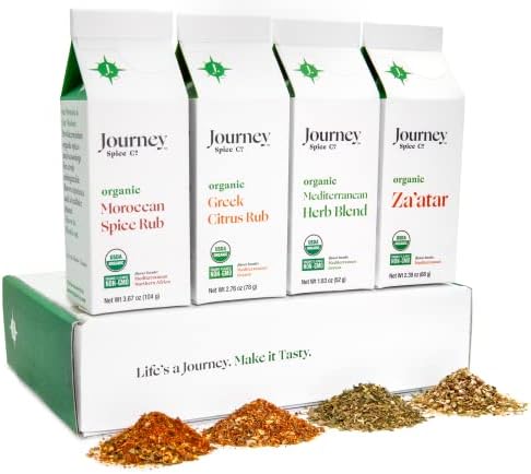Organic Mediterranean Seasonings | Gourmet Organic Spices and Seasonings Gift Set by Journey Spice Co. | Salt-Free Seasoning | Greek Seasoning | Meat Seasoning | Chicken Seasoning | Vegetable Seasoning | Includes 4 Seasonings | Sugar-Free | Vegan | Non-GMO
