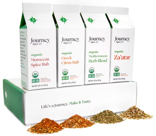 Organic Mediterranean Seasonings | Gourmet Organic Spices And Seasonings Gift Set By Journey Spice Co. | Salt-Free Seasoning | Greek Seasoning | Meat Seasoning | Chicken Seasoning | Vegetable Seasoning | Includes 4 Seasonings | Sugar-Free | Vegan | Non-Gmo #TOP16