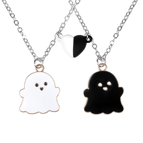 2Pcs Ghost Pendant Best Friend Necklace, Enamel Mutual Attraction Heart Magnet Matching Necklaces, Bff Necklace Choker for 2 Girls Halloween Jewelry Party Birthday Gift for Girls (White, Black)