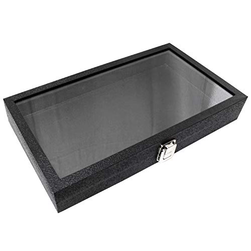 Ikee Design Leatherette Wooden Jewelry Display Case With Glass Top And Black Velvet Pad, Home Organization Storage Box, Wooden Jewelry Tray For Collectibles, 14.75" W X 8.25" D X 2.13''H #TOP4
