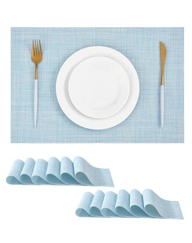 Leetaltree Soft Sky Blue Woven Placemats Set of 12 - Heat Resistant Non-Slip Place mats for Dining Table, Washable Durable PVC Vinyl Woven Table Mats(Sky Blue, 12)