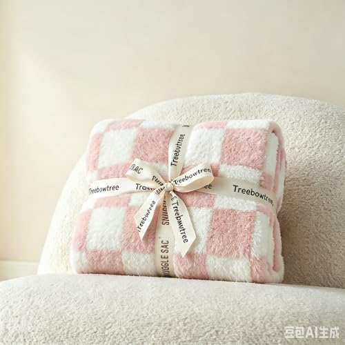 treebowtree Pink White Plaid Knit Throw Blanket, Soft Cozy 50"x60" from - 1