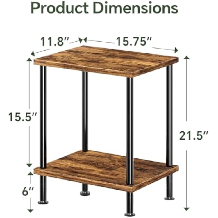 Simple Trending Side Table, Small End Table Living Room, Nightstand with 2 Tier Storage Shelves, Rustic Brown