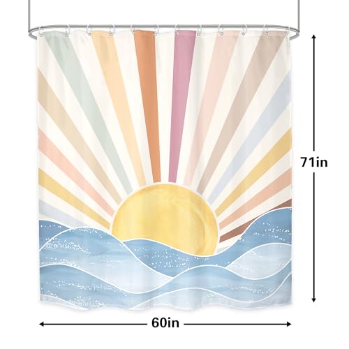 LGhtyro Boho Rainbow Sun Shower Curtain Bathroom Set 60Wx71H Inches Retro 70s Abstract Colorful Sunshine Sunrise Sunset Ocean Sea Waves Bath Accessories Aesthetic Art Home Decor Fabric 12 Pack Hooks by LGhtyro - Used condition - Image 5