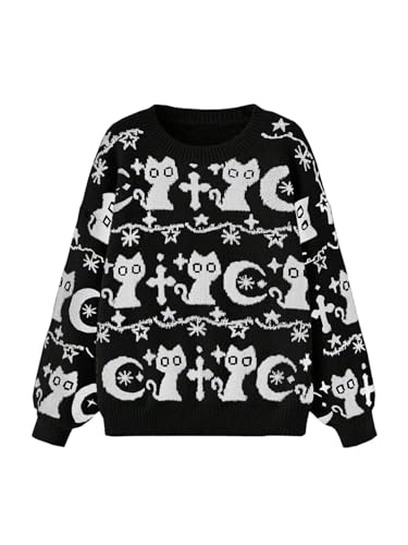 Image of WDIRARA Women's Goth Cartoon Pattern Sweater Long Sleeve Crewneck Knit Pullover Top