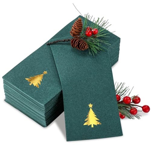 Janlaugh 100 Pcs Christmas Tree Disposable Linen Guest Napkins Foil Stamped Xmas Paper Napkins Christmas Paper Hand Towels for Lunch Dinner Kitchen Bathroom Xmas Holiday Party
