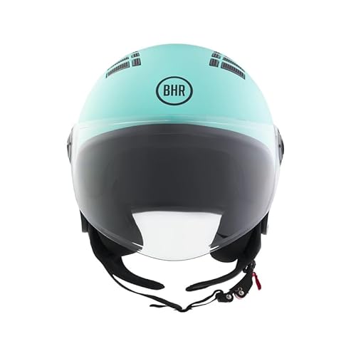 BHR Casco Moto Demi-Jet 834 FLOW - Casco Scooter Verano Homologado ECE 22.06 con 16 Puntos de Ventilación - Casco Moto Abierto con Visera Anti Rayas y Desbloqueo Micrométrico - Celeste Mate, XS