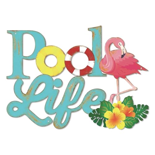 Putuo Decor Pool Life Metal Wall Art Decor, Coastal Metal Wall Art, Tropical Outdoor Decor Flamingo & Hibiscus Flower Design Swimming Pool Sign for Summer Beach Patio Poolside Bathroom Boat Decoration