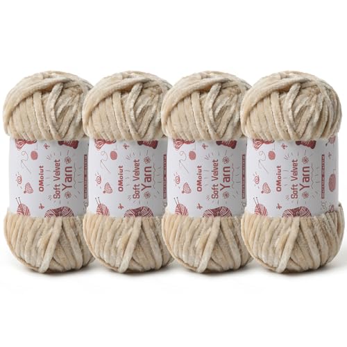 Image of 4x100g Fluffy Velvet Chenille Yarn for Crocheting and Knitting, 4x80m (87.5yd) Baby Yarn for Crocheting Soft, Crochet Chunky Yarns Amigurumi Yarns (4 Beige)