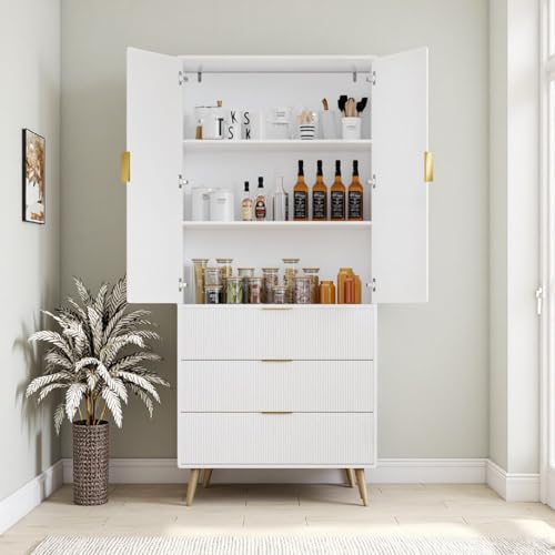 Image of Fluted Tall Cabinet, Kitchen Pantry Cabinet with Adjustable Shelves, Wood Cupboard with 2 Doors, Mid Century Modern Cabinet for Living Room Dining Room Entryway Office, Walnut