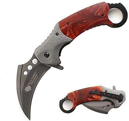 Wild Turkey Handmade Heavy Duty Hawk Bill Designed Karambit Spring Assisted Knife Hunting Camping Fishing Outdoors Lightning Fast Deployment - Razor Sharp Blade (Brown)
