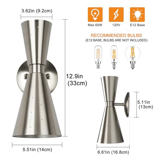 Image of Brushed Nickel Wall Sconce, Modern Sconce Wall Lighting Mid-Century Hardwired Wall Light Bedside E12 Industrial Metal Wall Mount Lamp for Living Room Mirror Cabinet Bedroom Bathroom