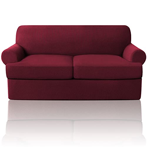 PrinceDeco T Cushion Loveseat Slipcover - 3 Pieces Sofa Cover for 2 Cushion Couch with 2 Individual T Shape Seat Covers Width Up to 76 Inch - Stretch, Machine Washable, Burgundy