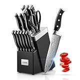 FOHERE Messerblock, Selbstschärfender Messerblock, 14-teilige, Edelstahl Messerset mit Block, Profi Küchenmesser Set mit Ergonomischem Griff, Schwarz
