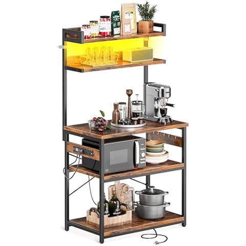 Casaottima Bakers Rack with Power Outlet & LED Lights, Coffee Bar with Storage 5-Tiers, Microwave Stand Kitchen Shelf 16.5 * 31.5 * 59 inches, Kitchen Coffee Rack, Rustic Brown Cover