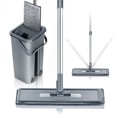Mopa Cubo Escurridor Fregona Plana Drenaje Doble Compartimento Escurre fácil para Limpieza Suelos Azulejos Tarima Madera Mango Ergonómico Atrapa Polvo Ventanas Mop Bucket Set Trapeador 6 Almohadillas