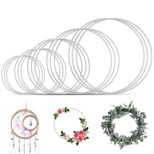 Forbabe 15 stuks metalen ringenset, draadringen, decoratieve ringen, 10/15/20/25/30 cm, metalen ringen om te knutselen, dromenvanger voor doe-het-zelf bruiloftstafeldecoraties, handwerk (zilver)