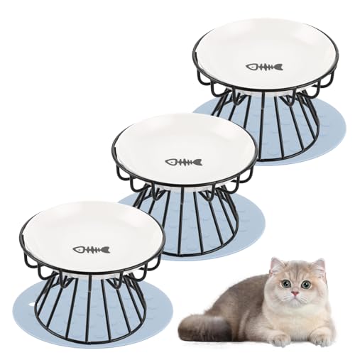 VIDETOL 3 Cuencos Ceramica Elevados para Gatos y Comedero para Perros, con Soporte de Metal y Alfombrilla Antideslizante