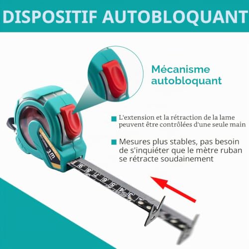 Teronbeta Mètre à Ruban Rétractable 3m x 19mm Acier au Manganèse #65 Revêtement Nylon Mètre Mesureur Auto-bloquant- Classe II - Crochet Pour Ceinture – vue 5