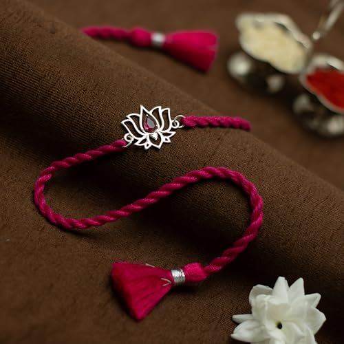 Image of MEENAKARI HERITAGE JEWELLERY Pure 925 Sterling Silver Lotus With Zircon Rakhi Set With Roli Chawal And Rakshabandhan Greeting Card For Brother /Sister /Unisex