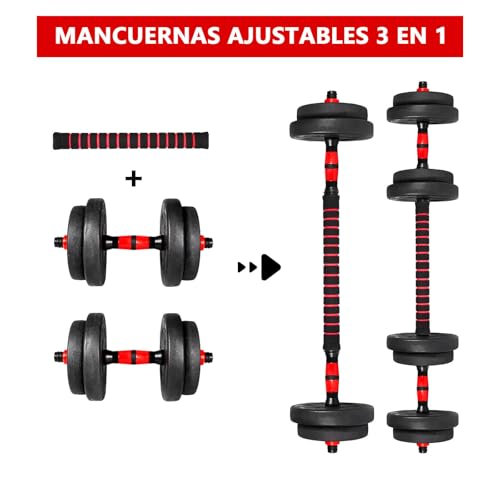 EIGFOH Juego de Mancuernas 4 en 1 10/15/20/30/40/50KG Con Pesa Rusa, Barra Recta de Conexión, Mangos Antideslizantes, Pesas Ajustables, Gimnasio en Casa (Rojo 10KG) - imagen 3