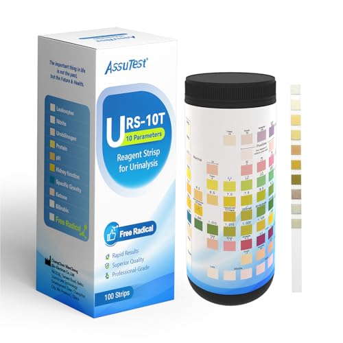 AssuTest 100 CT 10-in-1 Urine Test Strips Specialised Free Radical Test 10 Parameter Test for UTI, Protein/White Blood Cells/Nitrite/pH and More - Suitable for Female and Male Home Use.