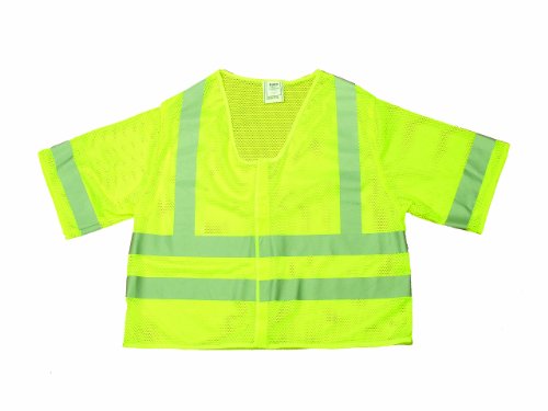 Mutual 16364 High Visibility Polyester ANSI Class 3 Mesh Safety Vest with 2" Silver Reflective Stripes, 2X-Large, Lime