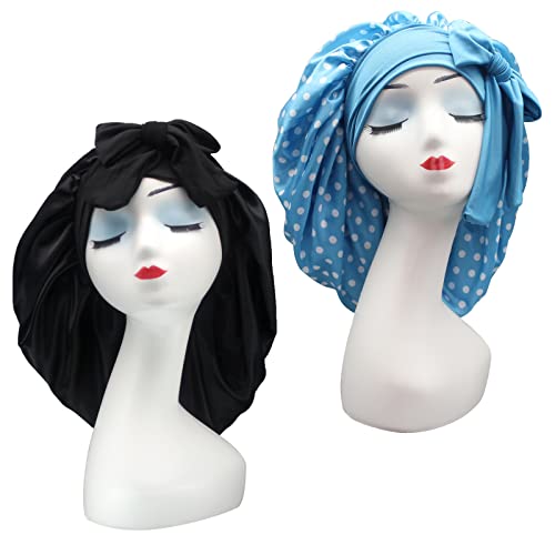 Hanbertti 2 Pack Silky Satin Hair Bonnet Sleeping Hat with Wide Tie Band Bonnets for Curly Hair When Make up and do Housework（Black+Blue Polka dot）