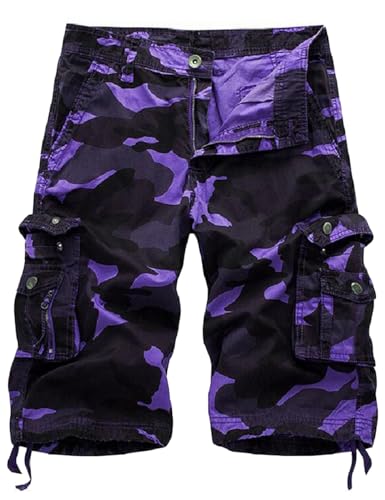 IDEALSANXUN Men's Casual Loose Fit Multi-Pockets Military Cargo Shorts, Purple, 42