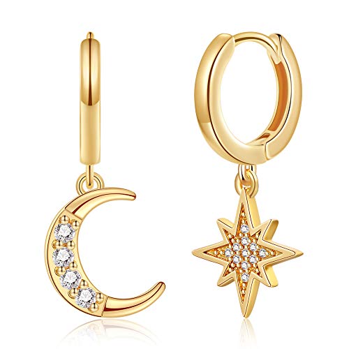 Moon Star Dangle Hoop Earrings,Asymmetrical CZ Cubic Zirconia Gold Plated Cartilage Earring Jewelry Gift