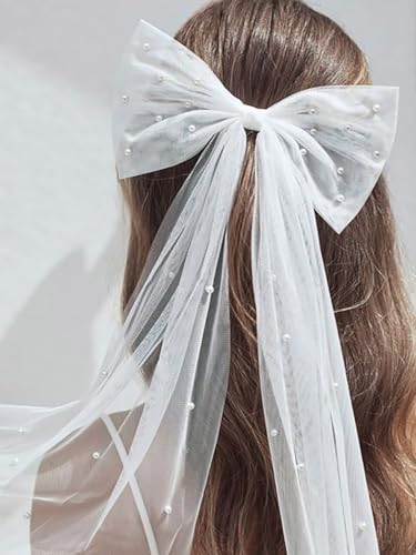 Vakkery Clip de pelo largo de tul con lazo de perlas para novia, decoración de despedida de soltera, accesorios para el cabello para mujeres y niñas