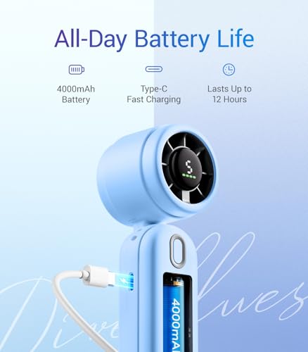 Diveblues iTurbo Portable Handheld Turbo Fan, Mini Foldable Portable Hand Fans, Rechargeable Battery, 5 Gear High Speeds Led Display,12Hrs Cooling Small Fan Travel Essentials Beach Gifts Women