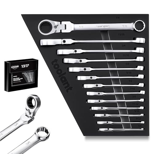 Image of toolant 13pcs Ratcheting Wrench Set, Reversible Flex Head & Offset Head Double Box-End Ratcheting Wrench Set, 1 /4 inch-7 /8 inch SAE Set, 90-Teeth and 4 Swing, with Storage Tray